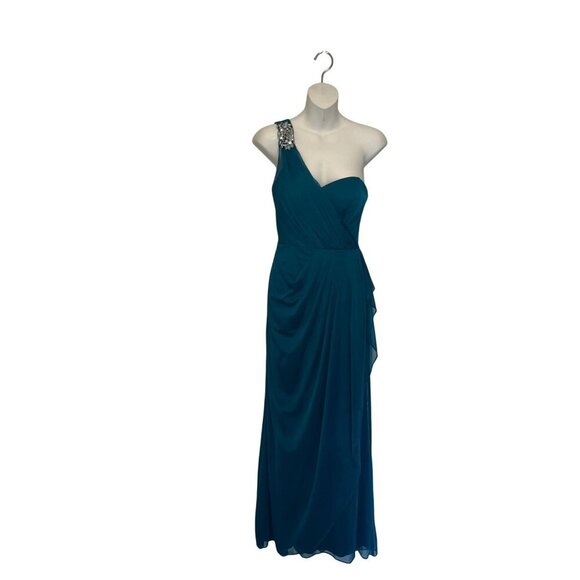 Xscape Teal One-Shoulder Ruched Embellished Long Gown Size 4 Womens - Picture 5 of 14